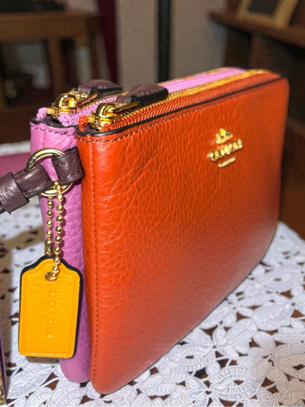 NWT Coach Pebbled Leather Double Zip Wristlet Colorblock Burnt Orange Pink $98 - Picture 1 of 15